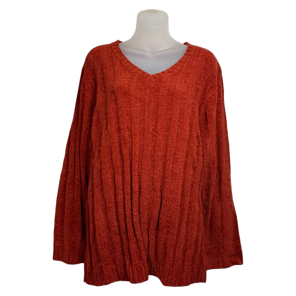 Suéter de chenille com nervuras Denim & Co. gola V tamanho 1X vermelho claro novo com etiquetas A83553 - Imagem 1 de 2