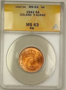 1942 Iceland 5A Five Aurar Copper Coin ANACS MS-63 Red-Brown - Picture 1 of 2