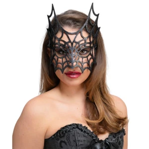 Adult GLITTER SPIDER MASK Halloween Scary Fancy Dress Black Widow Spiderweb - Picture 1 of 4