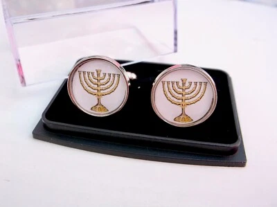 MENORÁ DE ORO DE HANUKKAH CON ESTRELLA DE DAVID INSIGNIA DE GEMELOS JUDÍOS REGALO Foto 1 de 3