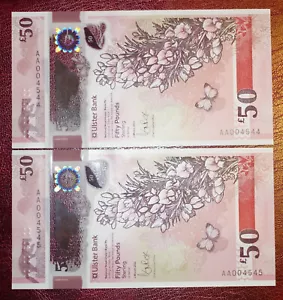 2x 2021 Ulster Bank £50 * UNC * Ireland Polymer -{ AA004544 & 45 }- Consecutive - Picture 1 of 2