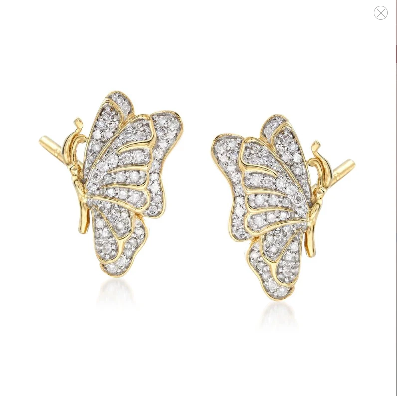 Brincos femininos tão chique novo na caixa 33 ct.14k YG mais de 925 diamante genuíno borboleta - Imagem 1 de 2