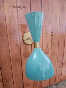 Brass Wall Sconce Pair, Malachite Green Mid Century Italian Adjustable - Picture 1 of 4
