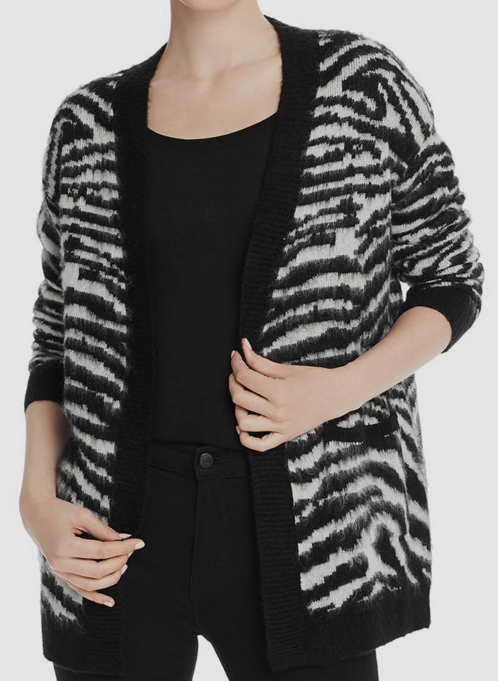 Aqua Women's Black White Zebra Print Open-Front Rib-Trim Cardigan Sweater S