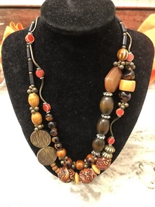 Multicolor Large Resin Beads Metal Style Ceramic Two Strand Boho Style Necklace - Picture 1 of 8