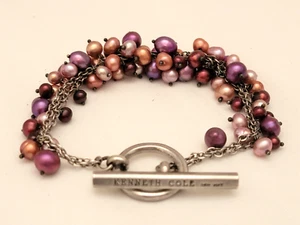 Kenneth Cole Pink Purple Freshwater Pearls Cluster Silver Plated Toggle Bracelet - Picture 1 of 7