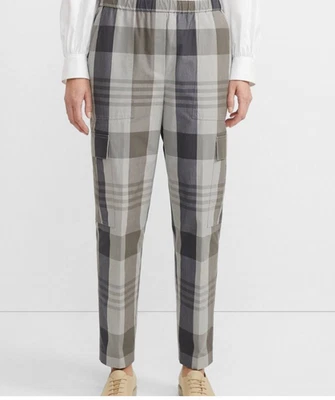 Pantalón Theory Easy Cargo Mujer Gris Medio Cuadros Algodón Mezcla Seda Hasta el Tobillo Foto 1 de 4