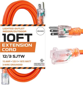 10 Ft Orange Extension Cord - 12/3 SJTW Heavy Duty Lighted Outdoor - Picture 1 of 7