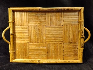Vintage Tortoiseshell Bamboo Tray Boho Island Style Burnt Bamboo Handles - Picture 1 of 14