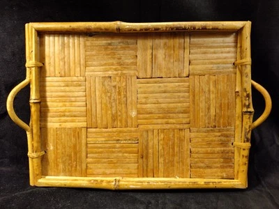 Vintage Tortoiseshell Bamboo Tray Boho Island Style Burnt Bamboo Handles - Image 1 of 4