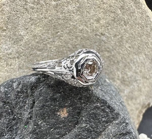 14k Chocolate Diamond Filigree Estate Ring Antique Deco White Gold Size 6.25 - Picture 1 of 4