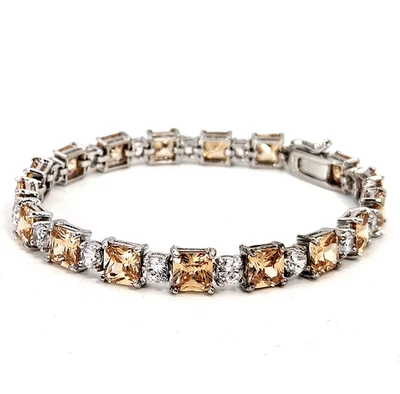 Sterling Silver 925 Champagne & White CZ Tennis Bracelet 7.5" Sparkling New - Image 1 of 4