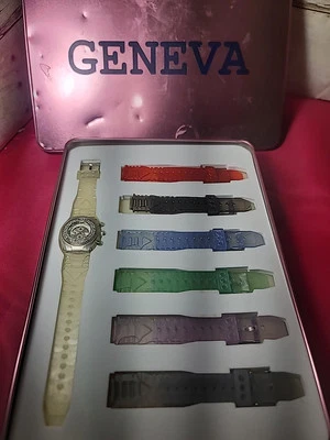 Винтажные часы Geneva бокс-сет 6 сменных ремешков и ободков работает! - Изображение 1 из 4