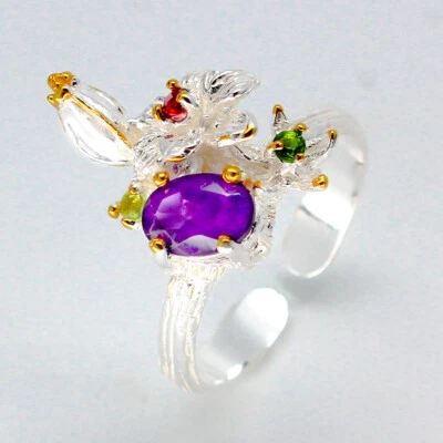 Christmast Gift Natural Amethyst  Chrome diopside Silver 925 Sterling ring/RVS82 - Image 1 of 3