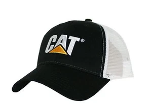 Caterpillar CAT Equipment Trucker Black & White Twill Mesh Snapback Cap Hat - Foto 1 di 2