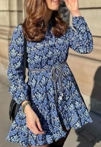 BNWT Blue Printed ZARA Cotton Belted Skater Shirt Dress L 12 - Picture 1 of 9