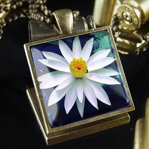 Lotus Pond Japanese Healing Flowers Antique Bronze Asian Glass Pendant Necklace - Picture 1 of 3