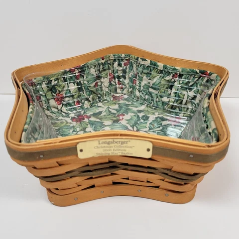 2001 Longaberger Christmas Shining Star Basket with Holly Liner Protector Cover