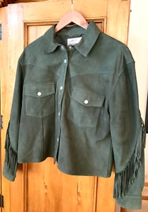 Overland NWOT Suede Olive Green Jacket Fringe Medium - Picture 1 of 6