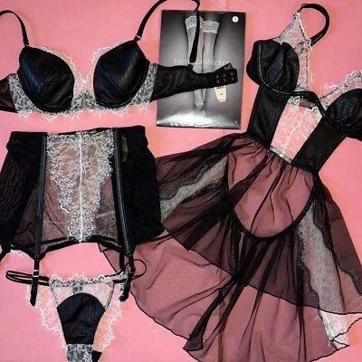 Victoria's Secret 34B,34C JUEGO DE SUJETADOR + liga + vestido BABYDOLL NEGRO blanco cuero FAUX Foto 1 de 4