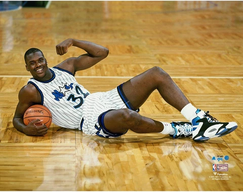 Shaquille O'Neal Magic UnSigned Flex Pose Lying On Court Rookie Year Photograph Cover