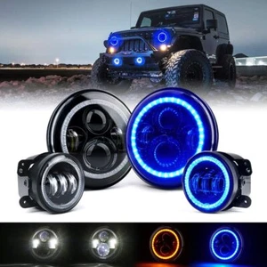 Blue Halo 7" LED Headlights DRL + 4" Fog Combo Kit For Jeep Wrangler JK JKU 07+ - Picture 1 of 15