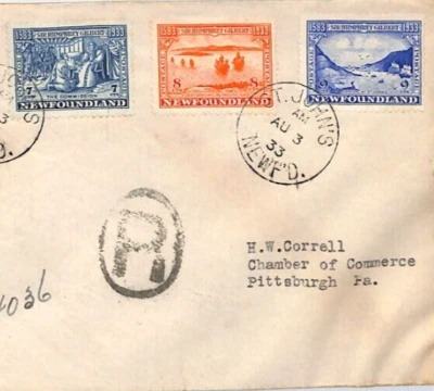NEWFOUNDLAND 1933 FDC *Sir Humphrey Gilbert* 7c 8c 9c First Day Cover XC87 - Image 1 of 4