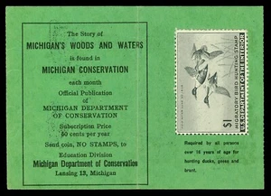 Scott RW12 1945 $1.00 Federal Duck Stamp on Michigan Hunting License - Picture 1 of 2