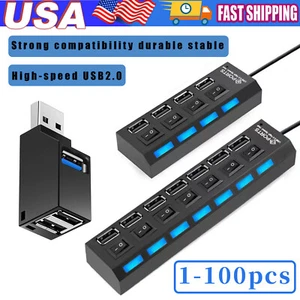 USB Hub 7 Port On/Off Switch High Speed Splitter AC Adapter Cable PC Laptop Lot - Picture 1 of 27