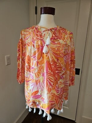 C&C California Brillante Tropical Floral Encubrimiento Con Detalle Boho Borla Talla S-L Nuevo con Etiquetas Foto 1 de 4