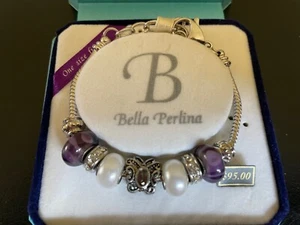 Bella Perlina Classic Bracelet Purple and Pearl Stainless Chain Butterfly Charm - Picture 1 of 2