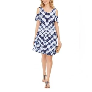 Style & Co Women Plus Size 0X Navy Tie Dye Cold Shoulder Casual Dress NWT DH70 - Picture 1 of 3