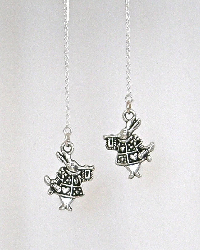 *IAJ* CONEJO BLANCO ALICIA EN EL PAÍS DE LAS MARAVILLAS PLATA ESTERLINA Pendientes enhebrador de oreja Foto 1 de 1