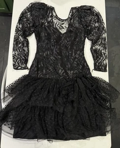 Vintage 80er Jahre Rüschen Party Kleid durchsichtige Ärmel Illusion Gr. S Mall Goth - Bild 1 von 13