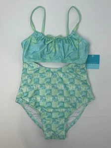 NUEVO CON ETIQUETAS Niñas Traje de Baño Wurl Traje de Baño 8/10 Azul Verde Floral Cuadros Vientre Exponer $20 - Imagen 1 de 4