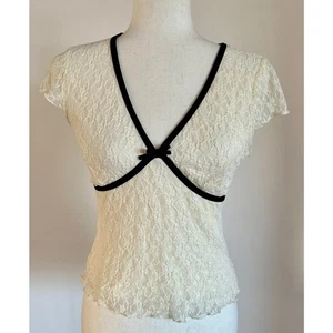 VTG Y2K Ivory Stretch Lace Romantic Fairy Coquette Velvet Trim Babydoll Top M - Picture 1 of 20