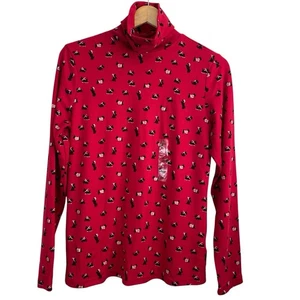 Karen Scott Womens Turtleneck Shirt Size Small Red Black Scotty Dogs Holiday - Picture 1 of 13