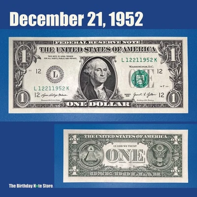 December 21, 1952 Birthday Anniversary $1 One Dollar Bill Serial Number 12211952 - Image 1 of 2