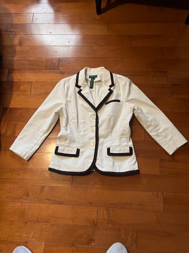 OFF WHITE Giacca blazer donna Lauren Ralph Lauren etichetta verde cotone bordo marrone avorio P M