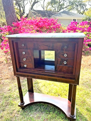 ANTIQUE MAHOGANY MARBLE TOP CABINET CHEST DRAWERS PILASTERS MIRROR ALCOVE DESK - Image 1 of 4