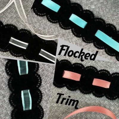 Black flocked scalloped trim + satin & sheer skinny lacing ribbon 13 yards - Image 1 of 4