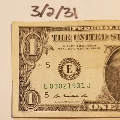 One Birthday Anniversary March 2, 1931 $1 DOLLAR Bill FANCY E Serial J US Note - Image 1 of 4