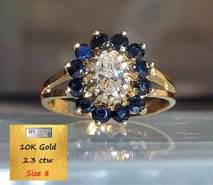 Vintage Ring, 2.3 ctw 10k solid gold, Sapphire with diamond ring - Picture 1 of 22