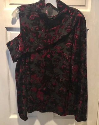 Top Donna Karan Negro y Rojo Terciopelo Burnout Hombro Frío Talla L Foto 1 de 4