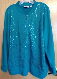 Quacker Factory L Teal Sequin Swirl Zip Front French Terry Bomber Jacket - Picture 1 of 4