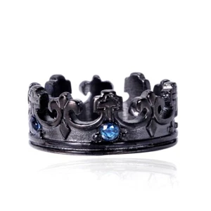 Vintage Black Royal Crown Wedding Ring Stainless Steel Blue CZ Cross Crown Ring - Picture 1 of 2