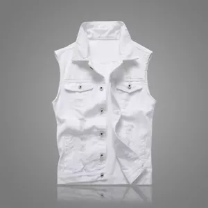 Men Denim Waistcoat Gilet Top Sleeveless Coat Jacket Biker Jeans White Punk - Picture 1 of 8