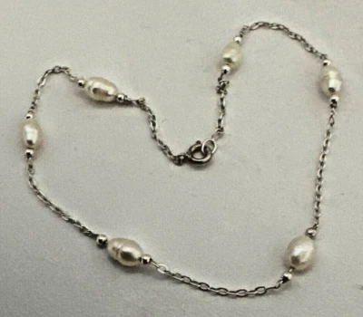 Pulsera tobillera de plata de ley .925 perlas 9 1/2" Foto 1 de 4