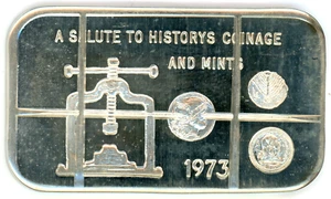 Canceled 1973 A Salute to History's Coinage and Mints 1oz Silver Bar (SN: 00134) - Picture 1 of 2