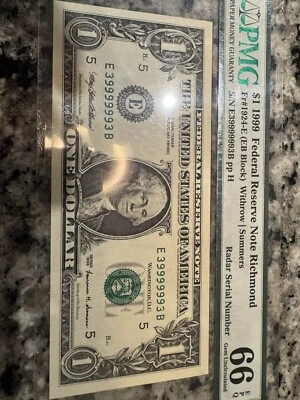 $1 1999 Fancy Lucky Number. Super Radar 39999993 PMG 66 - Image 1 of 2